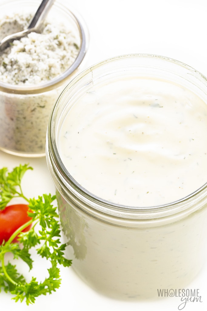 Overhead side view of ranch dressing made with ranch seasoning mix