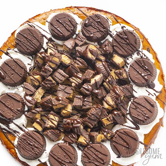 Overhead of a whole keto peanut butter cup cheesecake