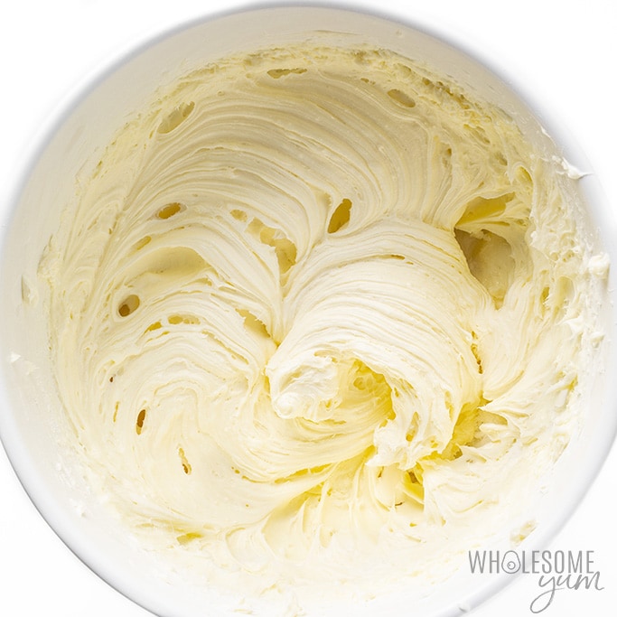 Overhead view of whipped cream cheese for the low carb peanut butter cheesecake