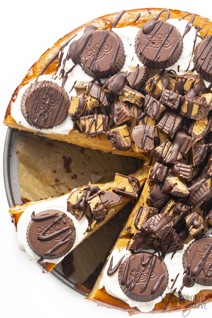 Overhead view of a low carb peanut butter cheesecake
