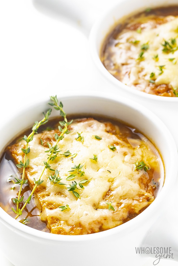 Side view of keto French onion soup in a bowl