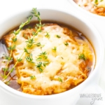 Keto French onion soup recipe close up in a bowl with thyme