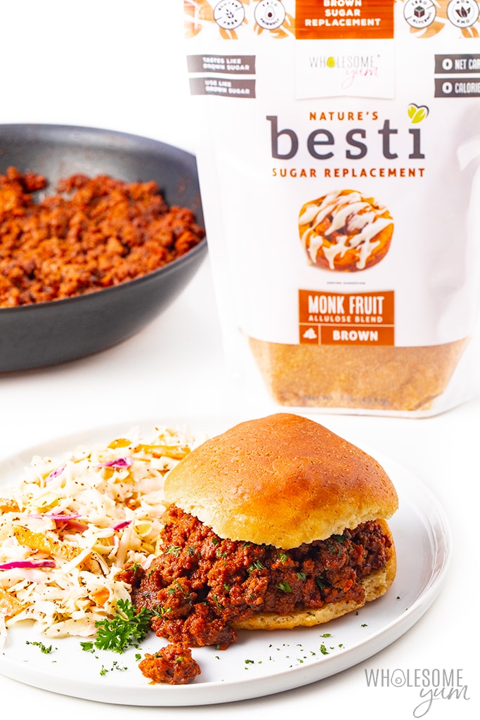 Low carb sloppy joes with Besti Brown sweetener and skillet in background
