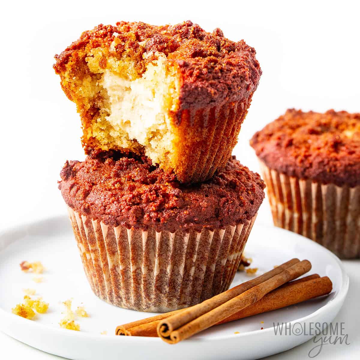 Coffee cake muffins, showing creamy center.
