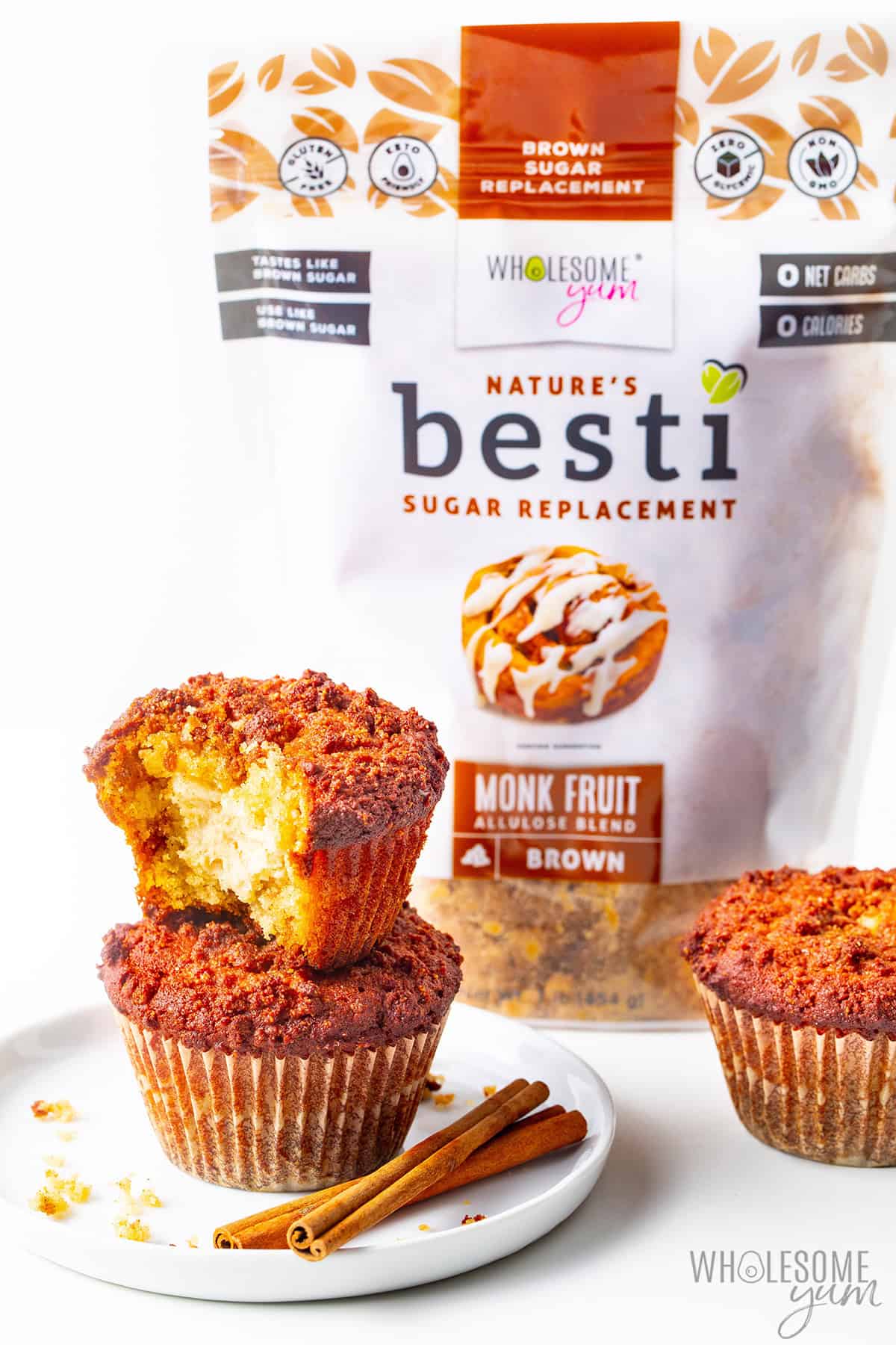 Moist coffee cake muffins next to a bag of Besti Brown.