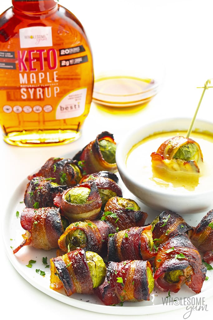 Bacon wrapped brussels sprouts with sugar-free maple syrup and dipping sauce