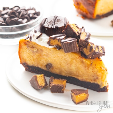 Slice of the best keto peanut butter cheesecake recipe on a plate