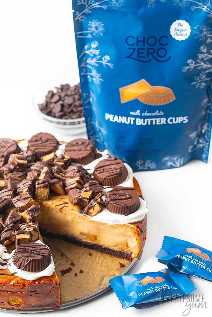 Keto peanut butter cheesecake with peanut butter cups