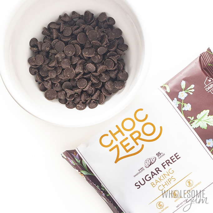 Sugar-free ChocZero chocolate chips in a bowl