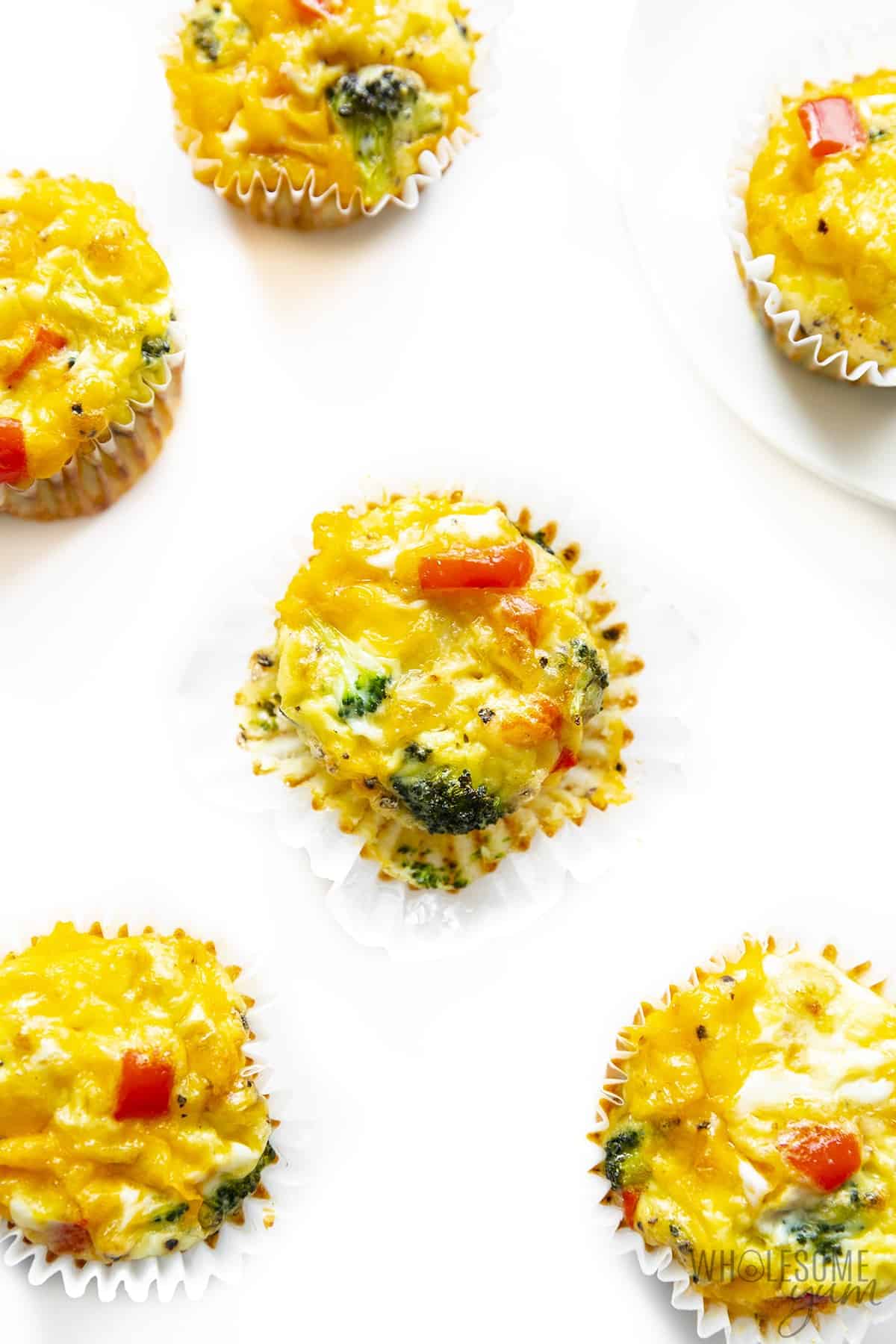 Egg muffin cups overhead on a white surface