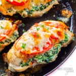 Spinach stuffed chicken breast close up.