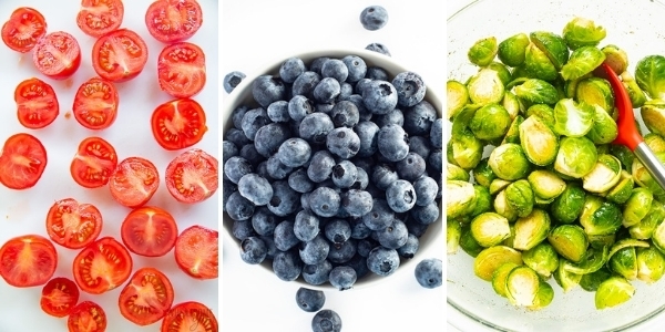 Tomatoes, blueberries, and brussels sprouts.