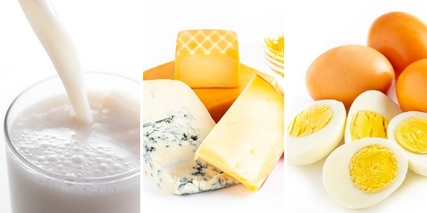 Almond milk, cheeses, and eggs.