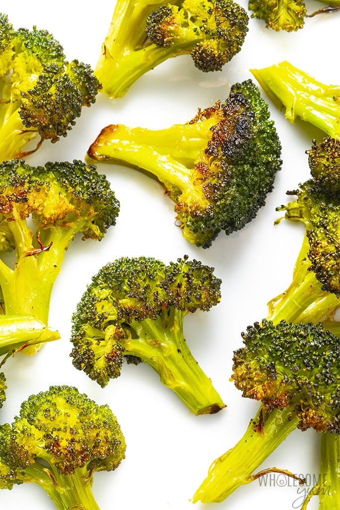 This is what roasting broccoli perfectly looks like (on a white background).