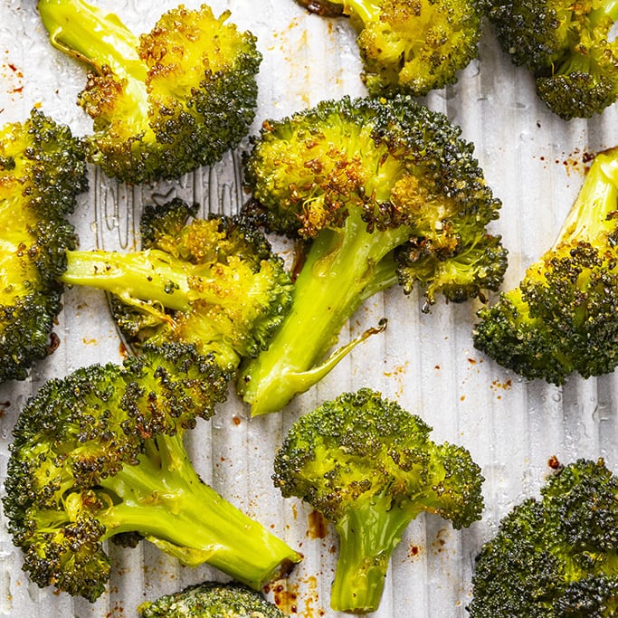Baking sheet with roasted broccoli square