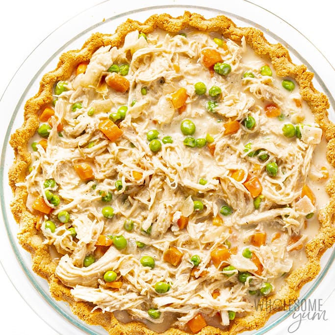 Low carb chicken pot pie with filling added to the crust