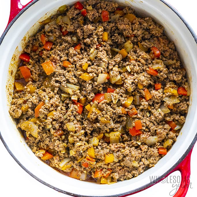 Ground beef and veggies in a dutch oven
