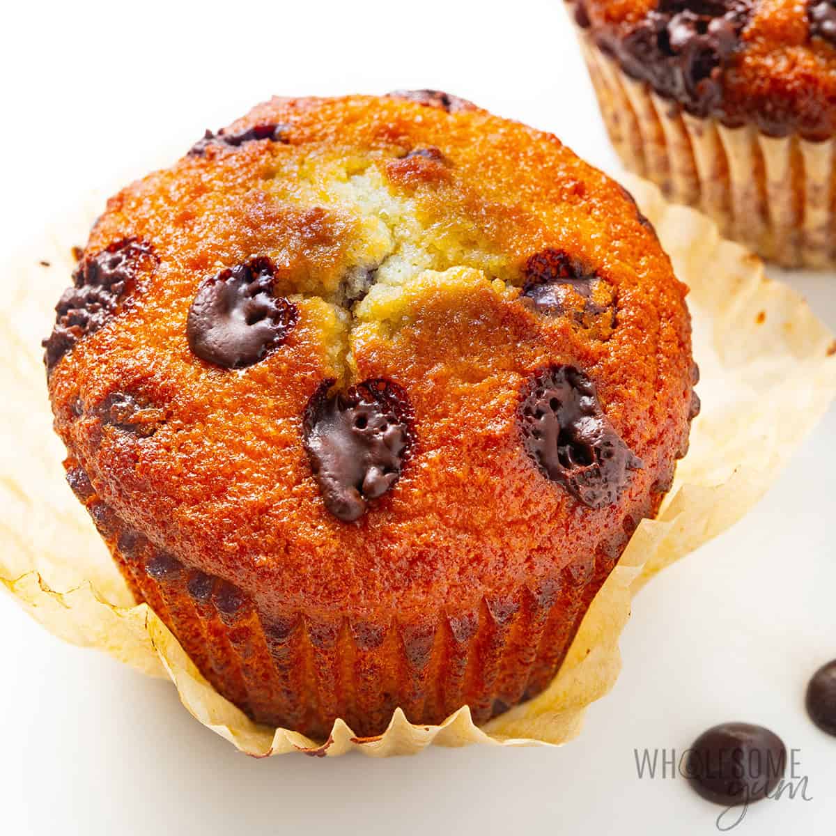 Almond flour chocolate chip muffins on the counter.