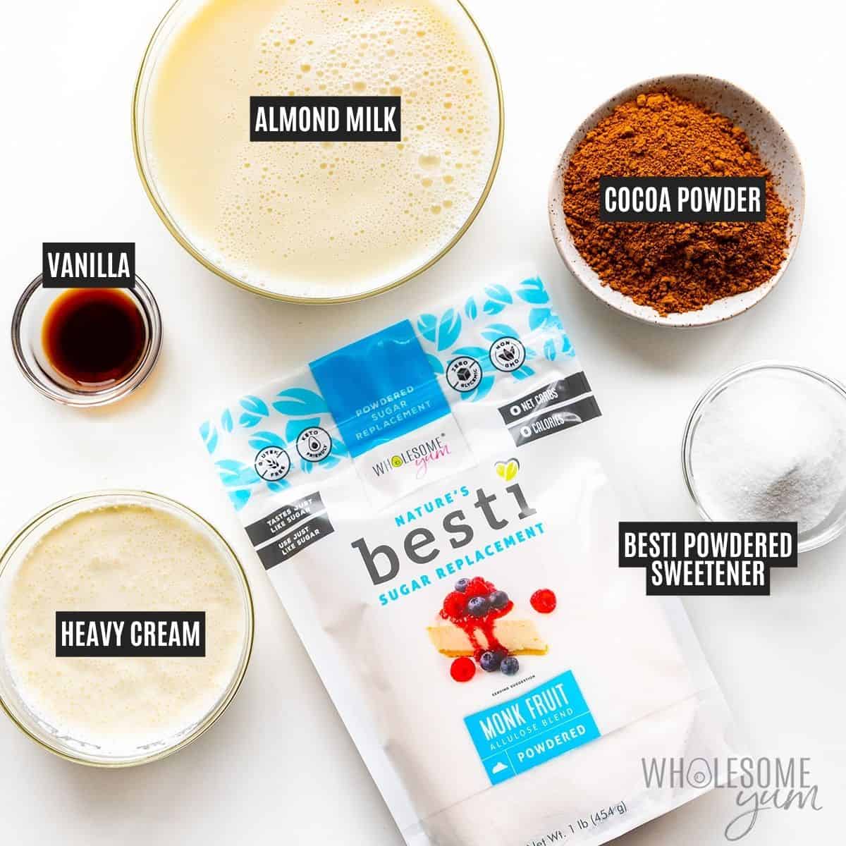 Labeled recipe ingredients: Almond milk, heavy cream, powdered Besti, cocoa powder, and vanilla.