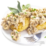 Low carb biscuits covered in keto sausage gravy