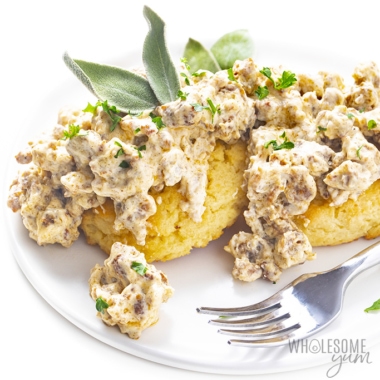 Low carb biscuits covered in keto sausage gravy