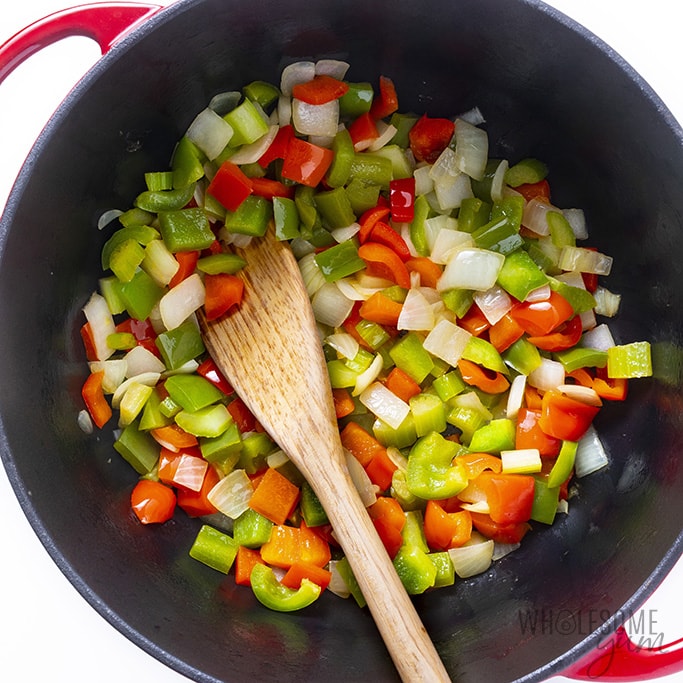 Skillet with peppers, onions, and celery