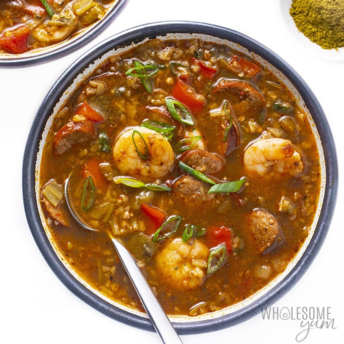 Keto friendly gumbo in a bowl made with sausage and shrimp
