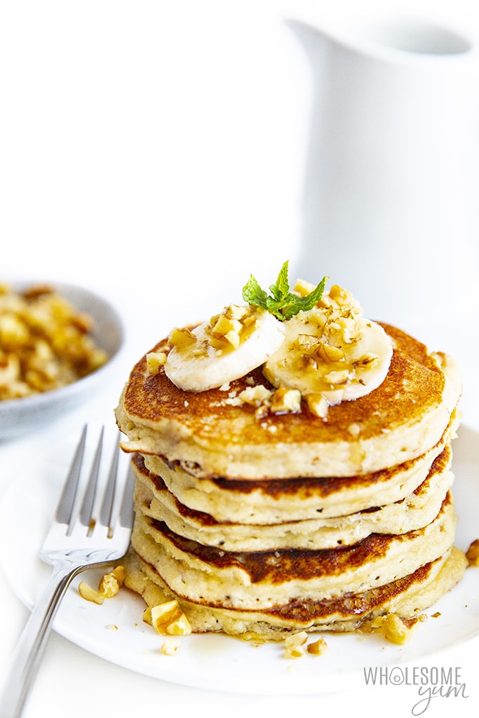 Plate of stacked low carb banana pancakes