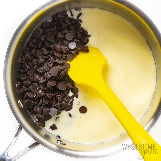 Chocolate chips with keto sweetener for keto chocolate syrup in saucepan