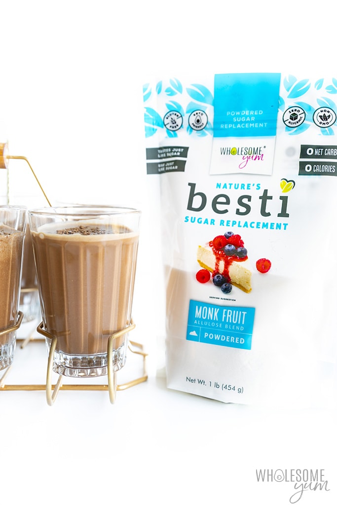 Sugar-free chocolate milk with a bag of Besti sweetener