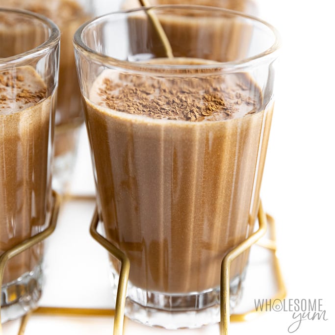 Glasses of keto chocolate milk in a holder
