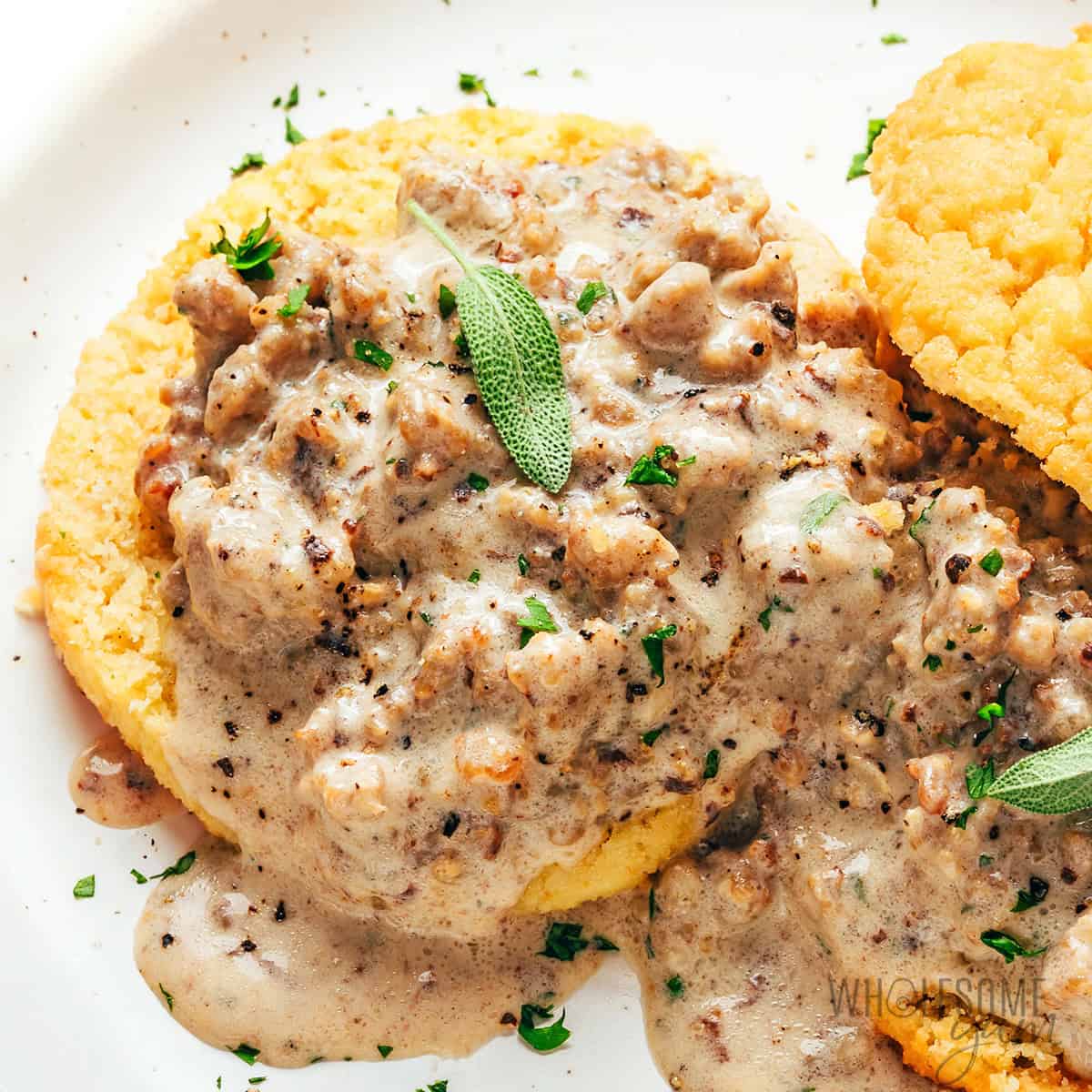 Sausage gravy served over a biscuit.