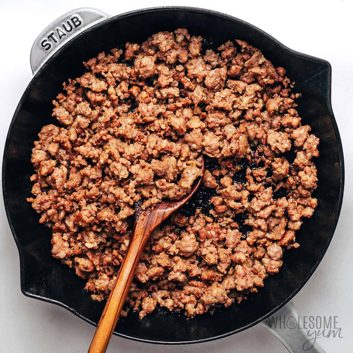 Italian sausage browned in a skillet.