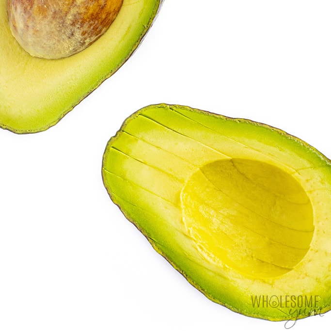 Avocado slices inside avocado skin