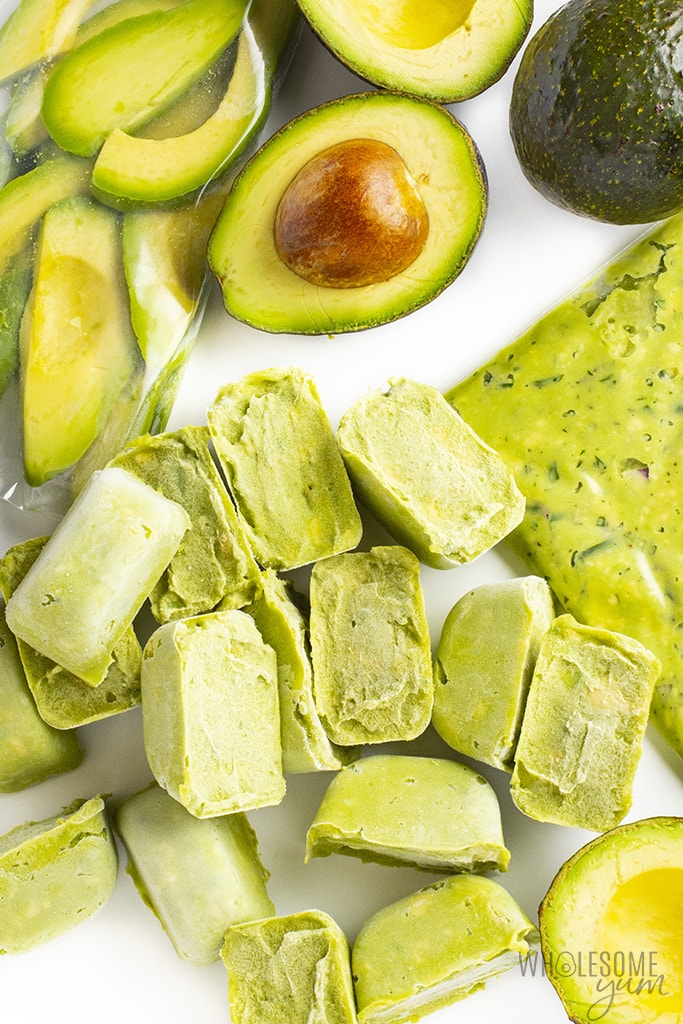 Various forms of frozen avocado, as cubes and mash