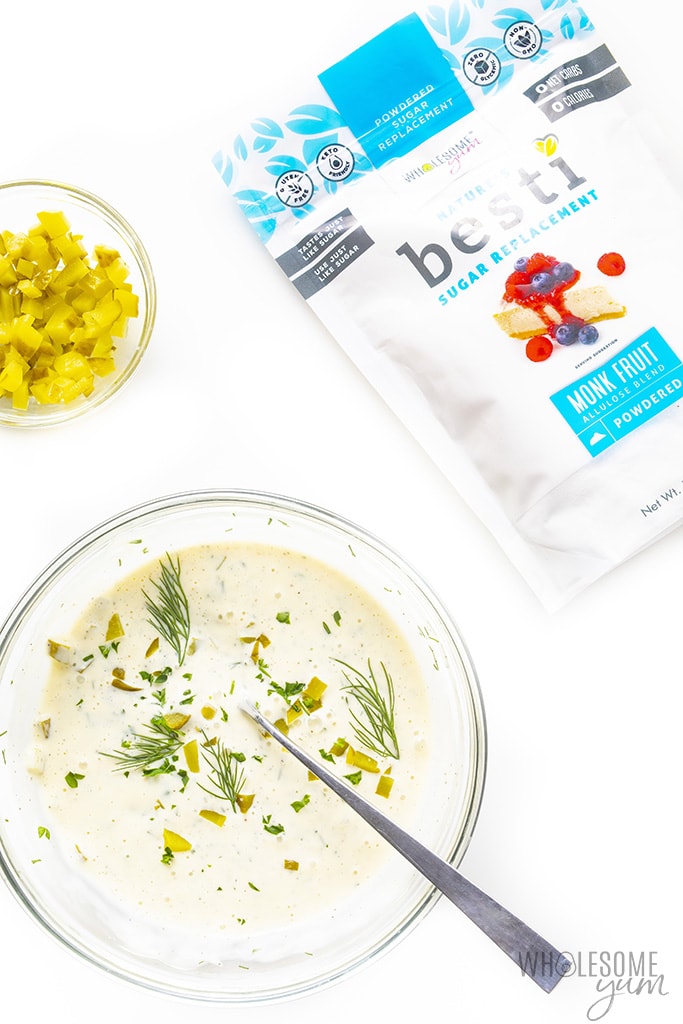 Low carb tartar sauce mixed in a glass bowl with Besti