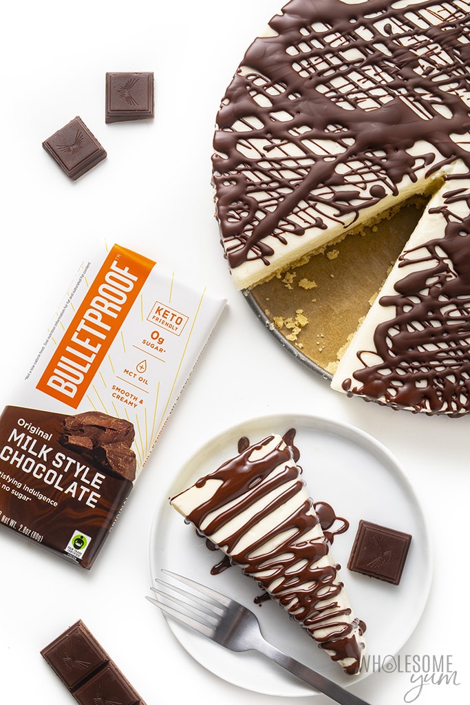 Low carb no bake cheesecake with wrapped Bulletproof chocolate bar
