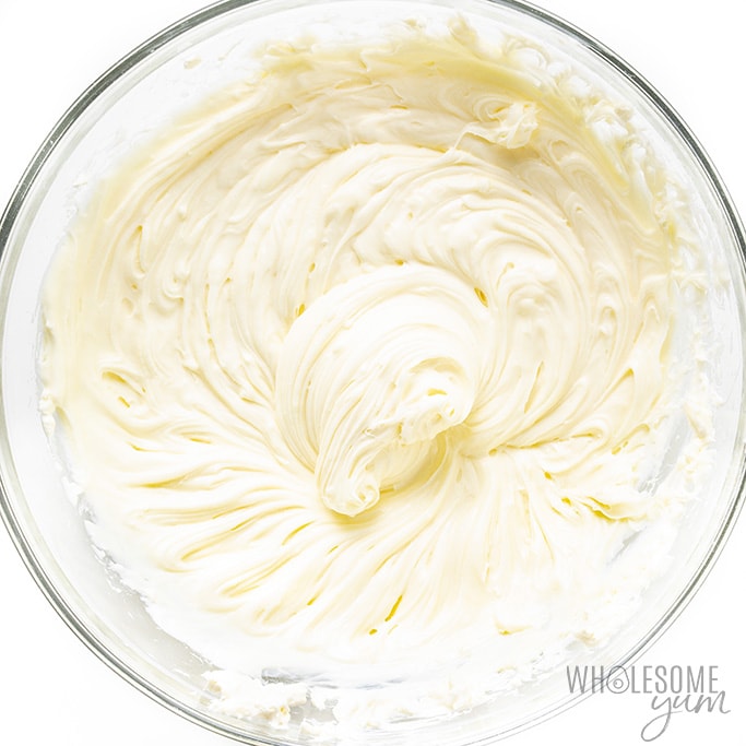 Cream cheese mixture for sugar-free no bake cheesecake in a glass bowl