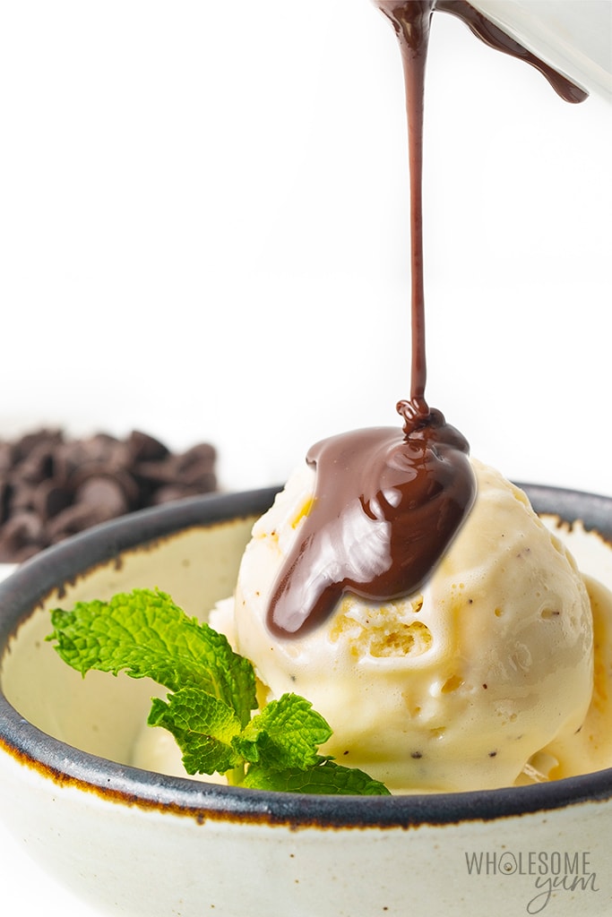 Sugar-free chocolate sauce drizzled over ice cream