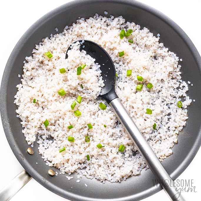 Seasoned miracle rice in a skillet