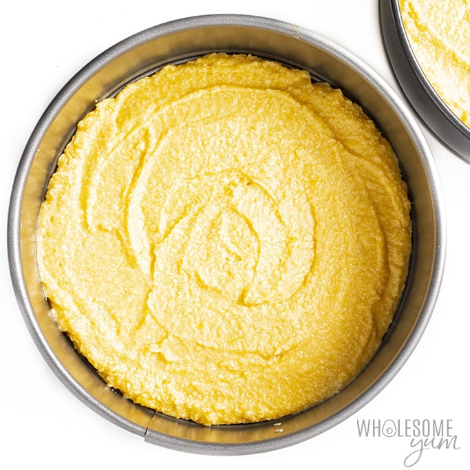 Sugar-free lemon cake batter in a pan before baking