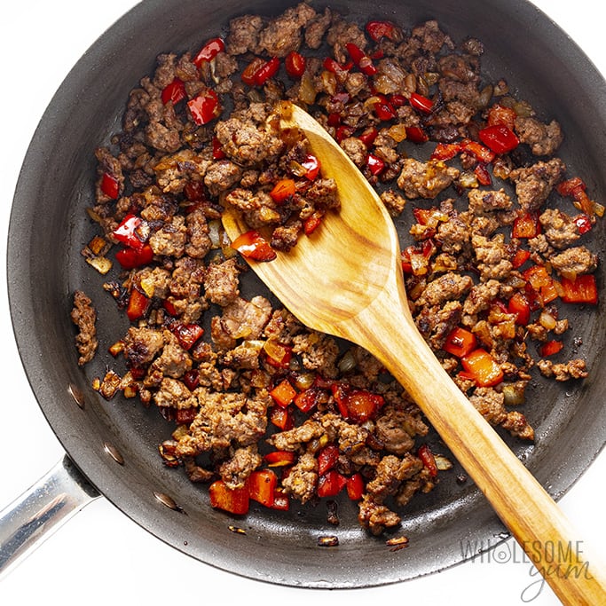 Ground beef and veggies in skillet