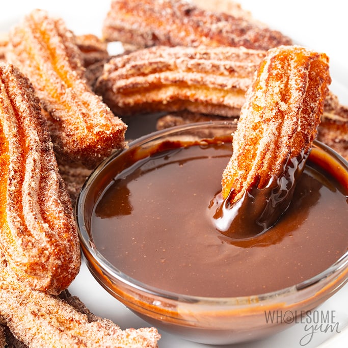 Low carb churros dunked in chocolate sauce
