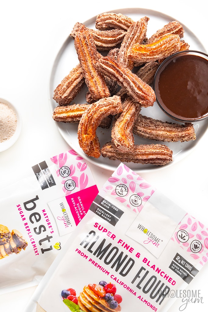 Keto churros overhead view with almond flour and Besti