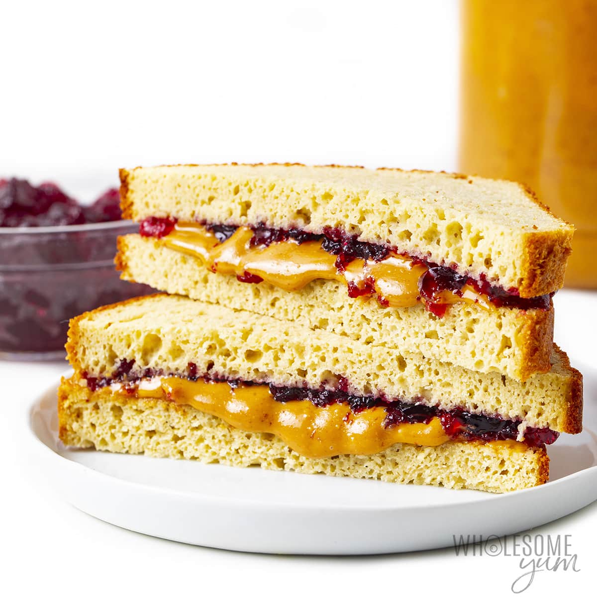 Peanut butter and jelly keto sandwich stacked