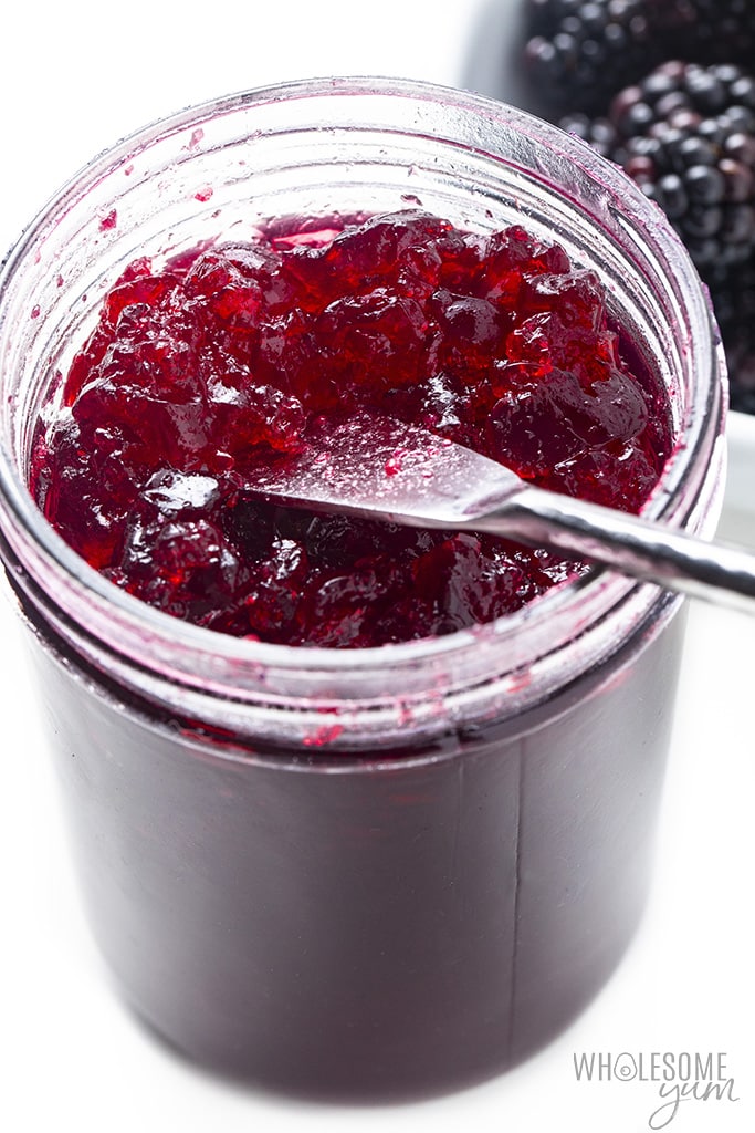 Keto jelly in a jar with butter knife