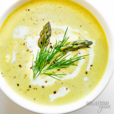Cream of asparagus soup in a bowl.