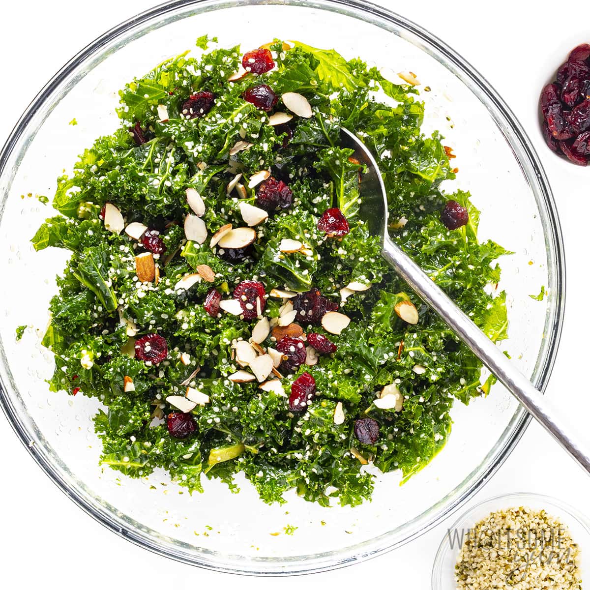 Finish the kale salad recipe in a bowl.