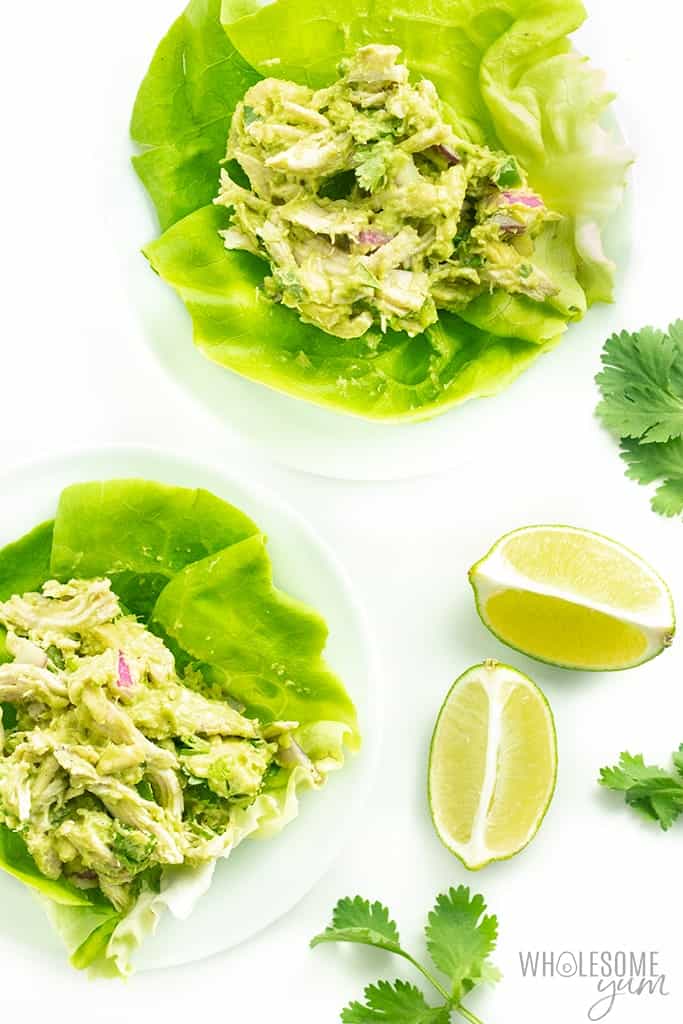 Avocado chicken salad in lettuce wraps