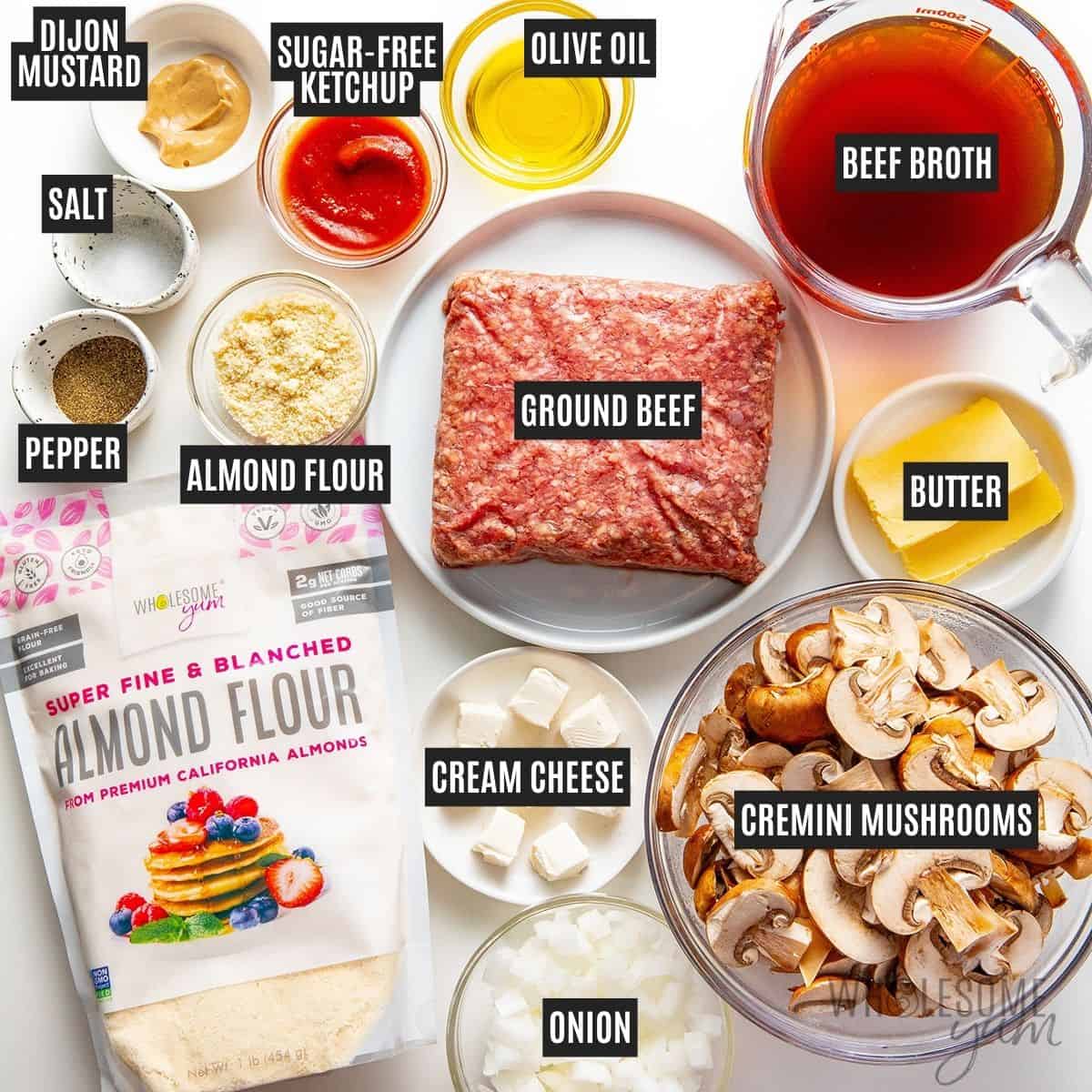 Labeled recipe ingredients: Ground beef, cremini mushrooms, almond flour, beef bone broth, onion, cream cheese, butter, olive oil, ketchup, Dijon mustard, salt, and pepper.